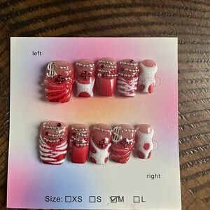 Red and White Bidi Press-On Nails with Rhinestones